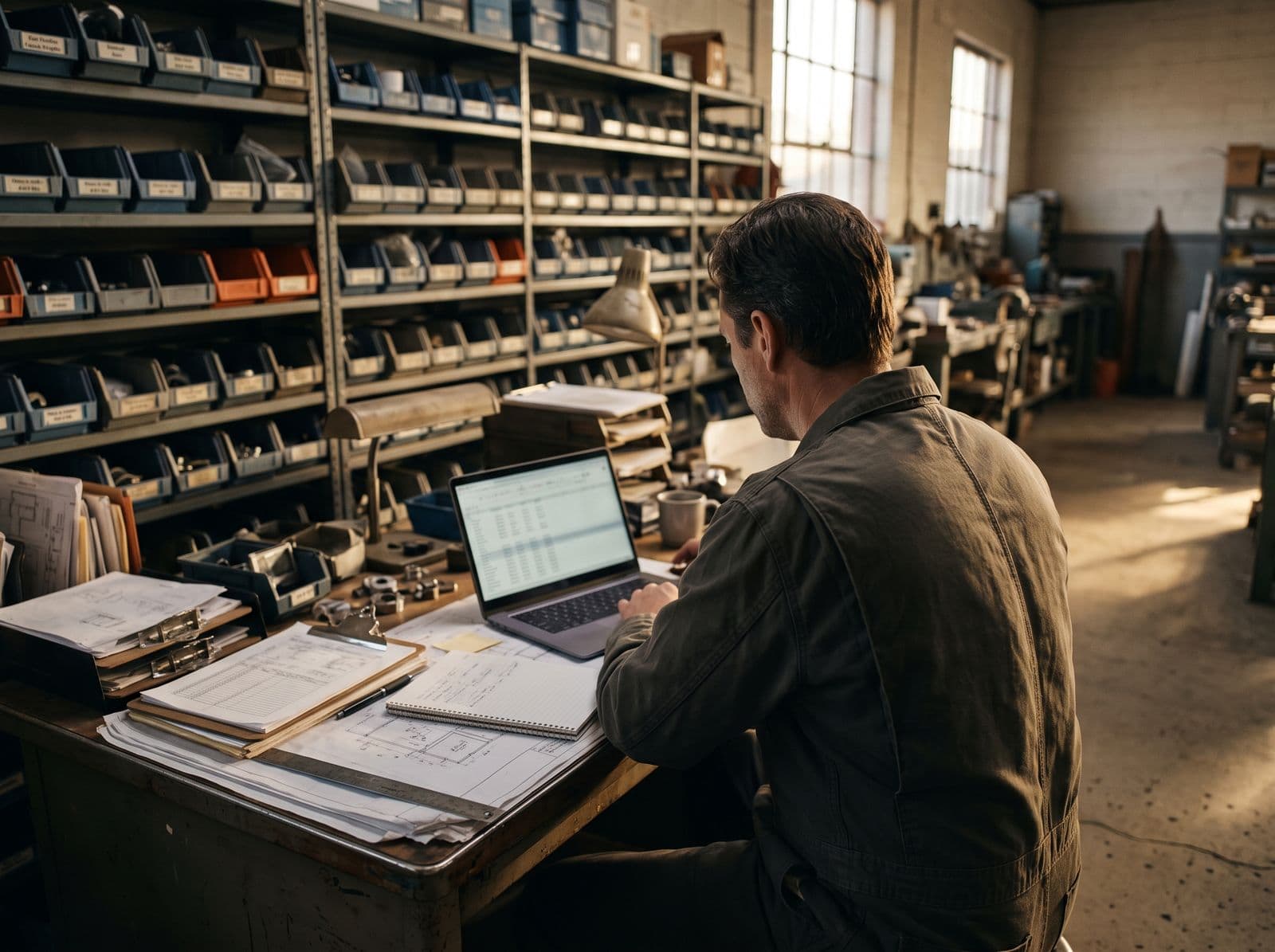 A small manufacturer at a desk in the workshop, shelves of labelled parts bins behind