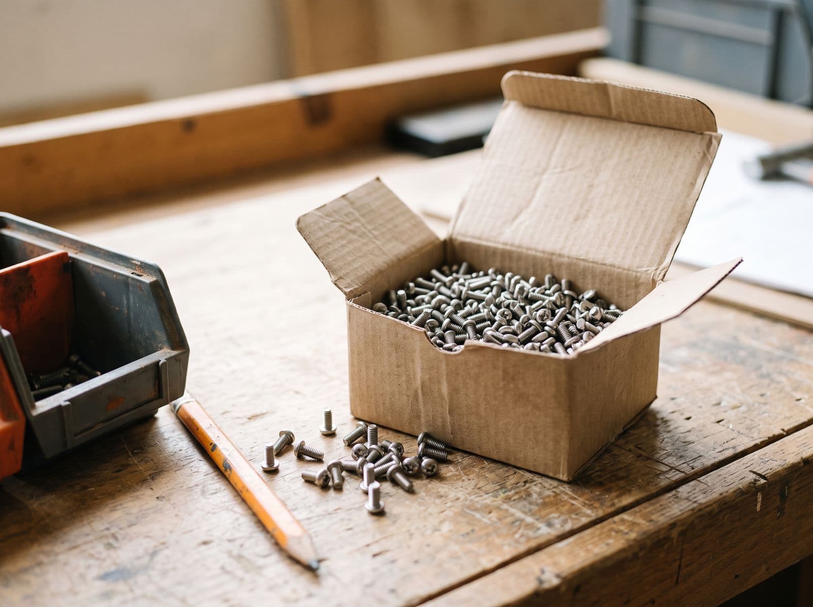 An open box of machine screws on a workbench, a few screws spilled beside it