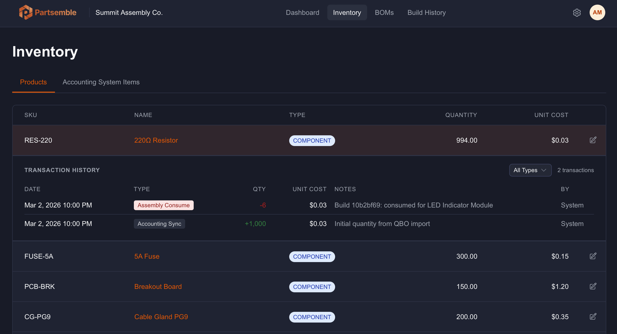 Partsemble inventory synced with QuickBooks Online
